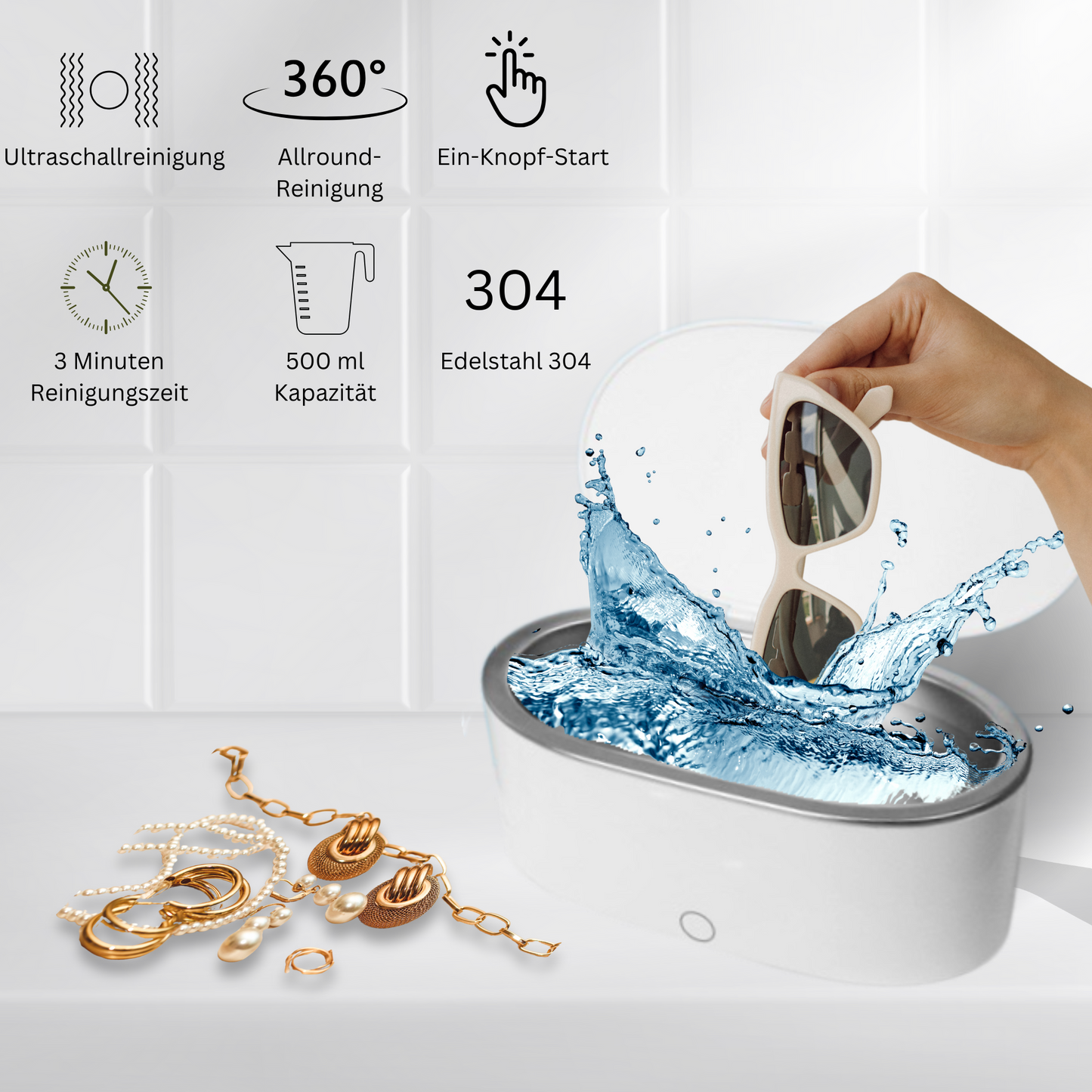 Ultraschall-Reinigungsbad für Schmuck, Brillen und Hygieneartikel GOAPA GLOW